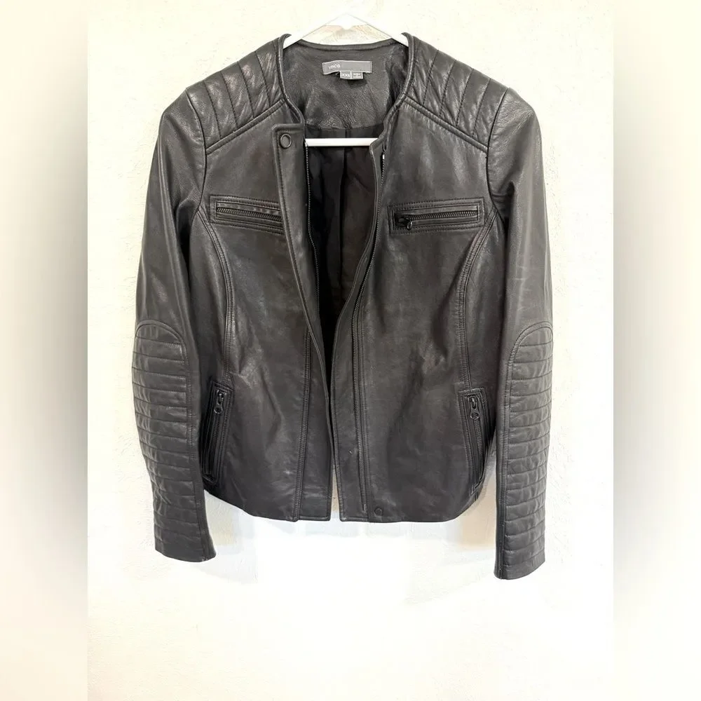 Vince Black Moto Leather Jacket Size XXS EUC